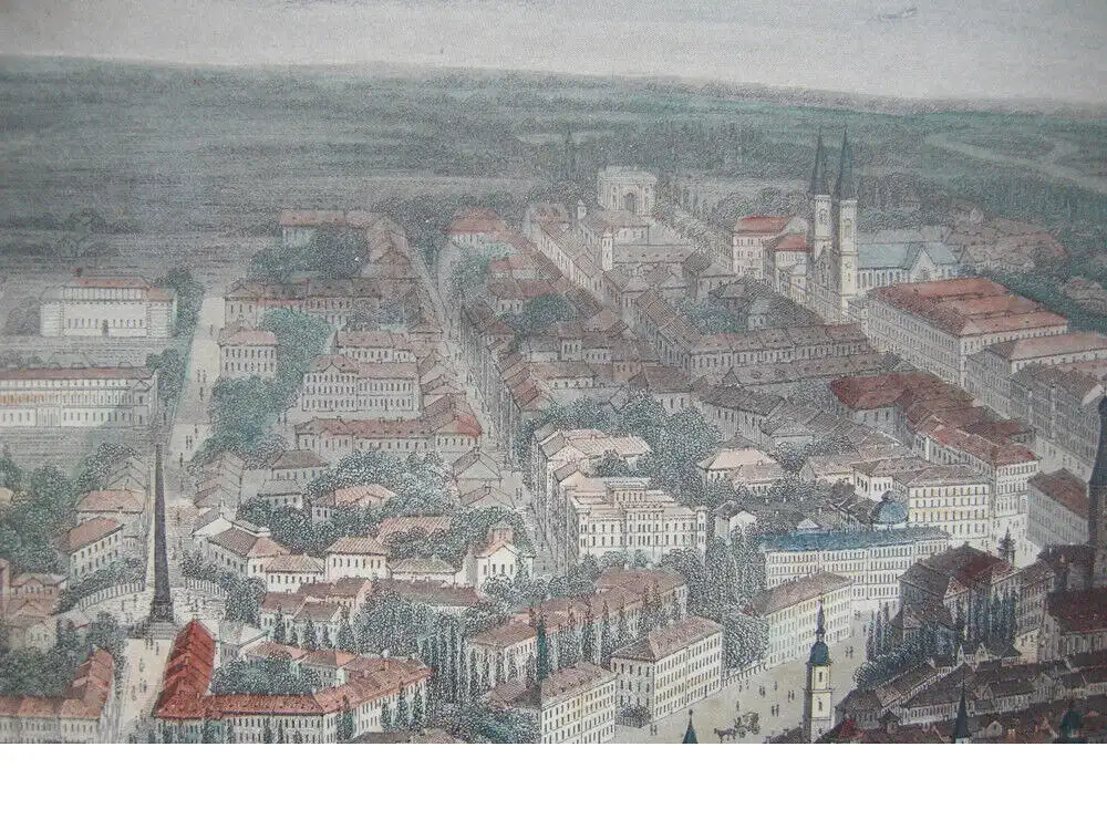 München Vogelschau-Ansicht kolorierter Stahlstich 1850 Payne nach Heawood 1