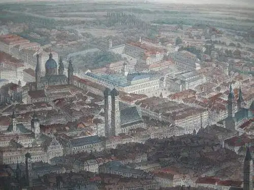 München Vogelschau-Ansicht kolorierter Stahlstich 1850 Payne nach Heawood