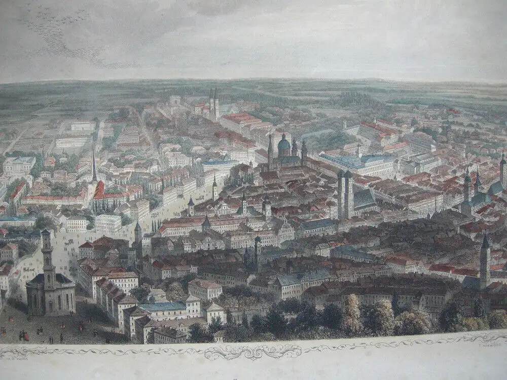 München Vogelschau-Ansicht kolorierter Stahlstich 1850 Payne nach Heawood 4