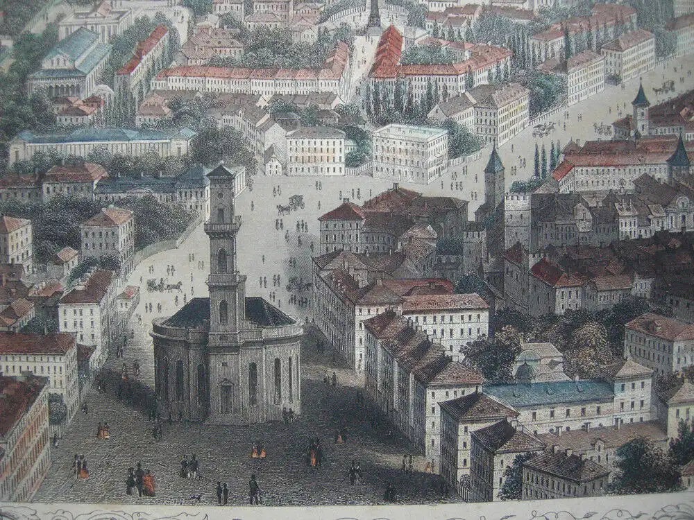 München Vogelschau-Ansicht kolorierter Stahlstich 1850 Payne nach Heawood 5