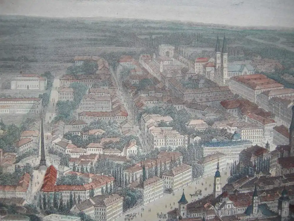 München Vogelschau-Ansicht kolorierter Stahlstich 1850 Payne nach Heawood 6
