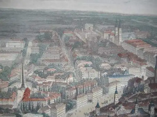 München Vogelschau-Ansicht kolorierter Stahlstich 1850 Payne nach Heawood