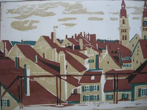 Hans Affeltranger (1919-2002) Winterthur Altstadt Farbholzschnitt 1967 signiert