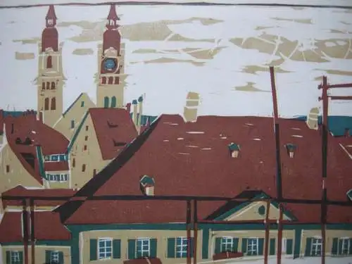 Hans Affeltranger (1919-2002) Winterthur Altstadt Farbholzschnitt 1967 signiert