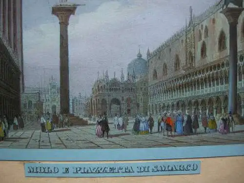 Venedig Venezia Mole Piazza San Marco Farblithographie blaues Papier 1835 Italia