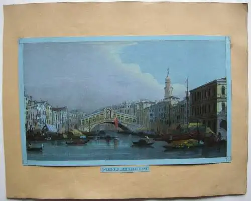 Venedig Venezia Rialto Brücke Farblithographie blaues Papier 1835 Italia