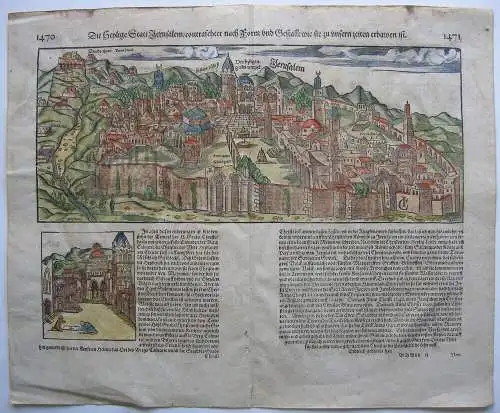 Sebastian Münster Holzschnitt Jerusalem 1580 kolor Holzschnitt Xilografia Israel