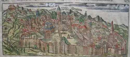 Sebastian Münster Holzschnitt Jerusalem 1580 kolor Holzschnitt Xilografia Israel