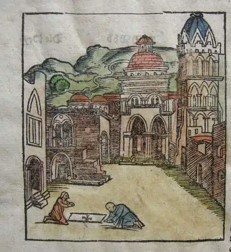 Sebastian Münster Holzschnitt Jerusalem 1580 kolor Holzschnitt Xilografia Israel