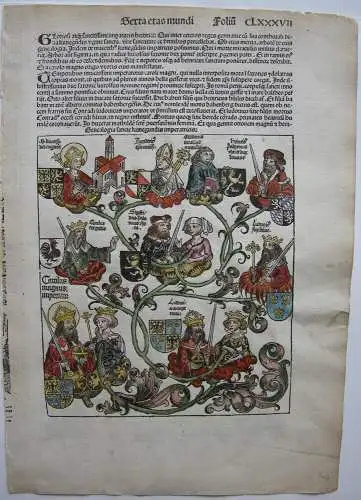 Genealogie deutscher Kaiser kolor Orig Holzschnitt Schedel Weltchronik 1493