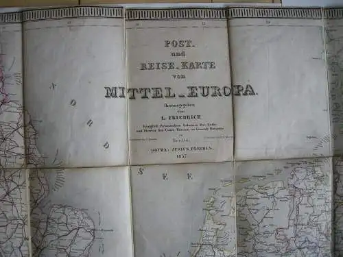 Post- Eisenbahn- und Reise-Karte Mitteleuropa grenzkolor Stahlstich 1857 Perthes