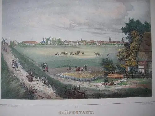 Glückstadt Schleswig Holstein Gesamtansicht Lithografie um 1860 R. Bürger