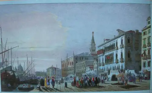 Venedig Venezia Riva dei Schiavoni Farblithographie blaues Papier 1835 Italia