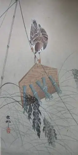 Ohara Shoson (Koson) (1877-1945) Spatz mit Bambus Glockenspiel Farbholzschnitt