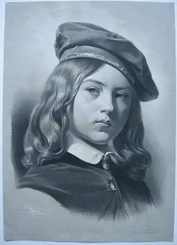 Jules David (XIX) Juiien Knabe mit Barrett Lithografie um 1850 signiert