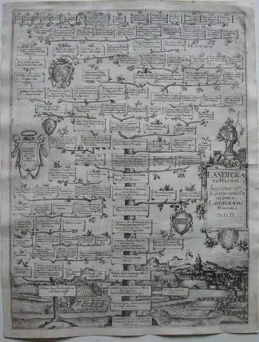 Stammbaum der Landgrafen Hessen Kassel mit Ansicht Kupferstich A. Albizzi 1612