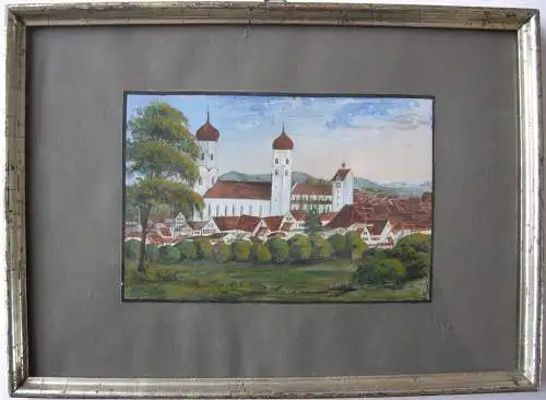 Isny im Allgäu Ansicht Gouache um 1850 gerahmt Goldleiste Württemberg