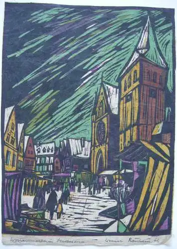 Werner Rauhaus (1925-2002) Wochenmarkt in Mettmann Farblinolschnitt sign 1966