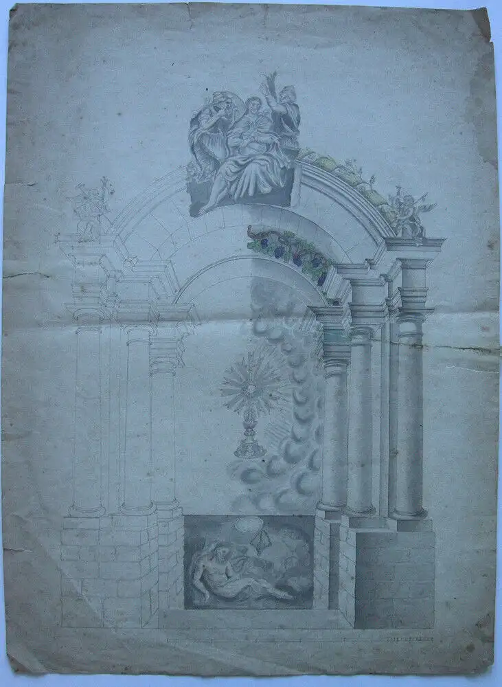 Architekturstudie Entwurf für einen Altar aquarellierte Tuschzeichnung 18. Jh 0