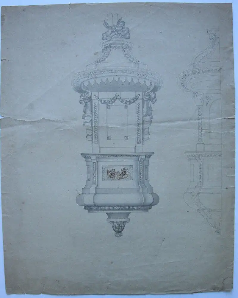 Architekturstudie Entwurf für eine Kanzel aquarellierte Tuschzeichnung 18. Jh 0