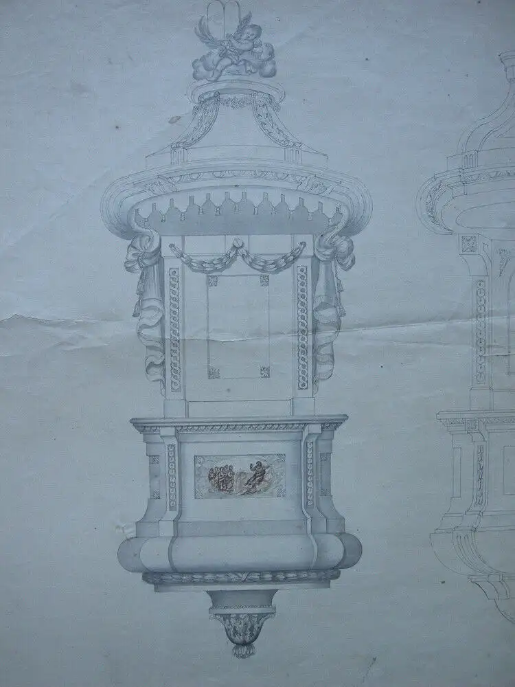 Architekturstudie Entwurf für eine Kanzel aquarellierte Tuschzeichnung 18. Jh 1
