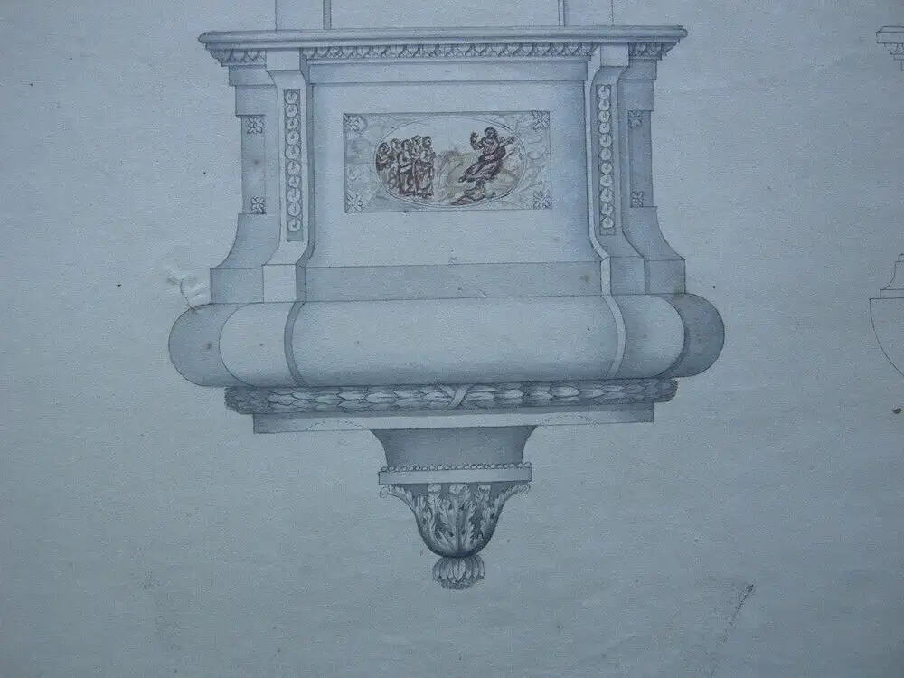 Architekturstudie Entwurf für eine Kanzel aquarellierte Tuschzeichnung 18. Jh 3