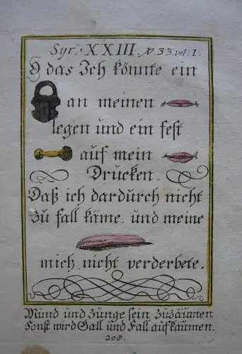 Alkolorierte geistliche Emblemkupferstiche Bodenehr Goldenes Wort Rebus 1699