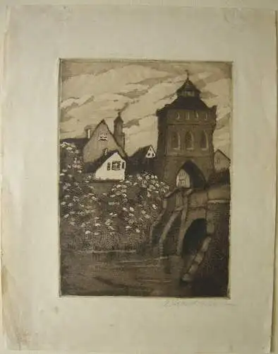 Stadttor an der Flussbrücke Orig. Aquatinta Jugendstil H. Eckner München 1910