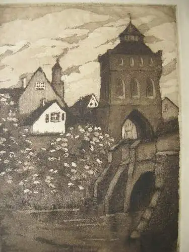 Stadttor an der Flussbrücke Orig. Aquatinta Jugendstil H. Eckner München 1910