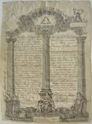 Grand Lodge Ireland Freimaurer Aufnahmeurkunde Joh. Steinorth Pergament 1852