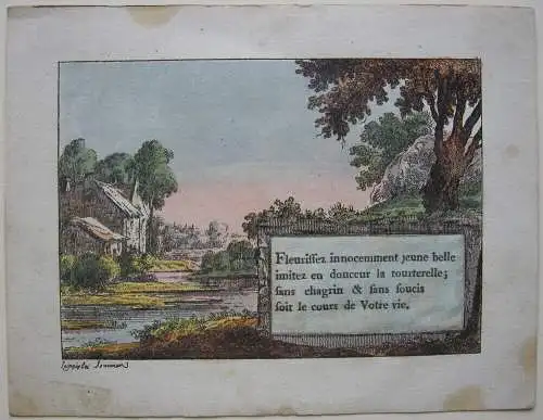 Freundschaftsbild Landschaft Sinnspruch altkolor Kupferstich 1820 Liber amicorum