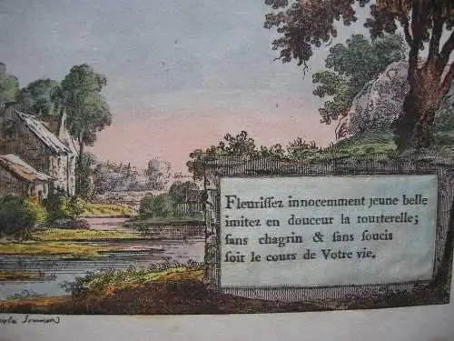 Freundschaftsbild Landschaft Sinnspruch altkolor Kupferstich 1820 Liber amicorum