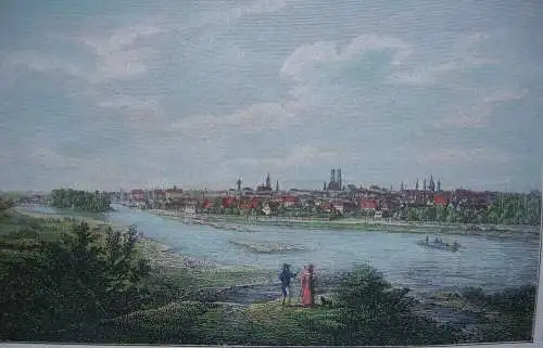 München Souvenirblatt Gesamtansicht Detailansichten kolor Orig Kupferstich 1833