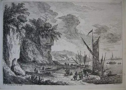 F. E. Weirotter (1730-1771) Segelboote in Meeresbucht Orig. Radierung um 1760