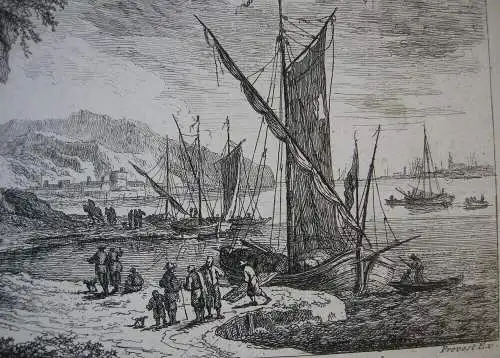 F. E. Weirotter (1730-1771) Segelboote in Meeresbucht Orig. Radierung um 1760