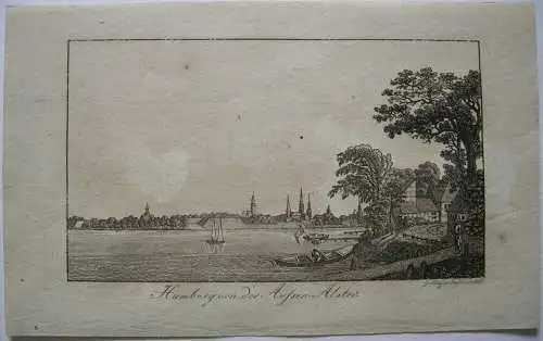 Stammbuchblatt Hamburg Gesamtansicht von d Außen Alster Orig. Kupferstich 1820