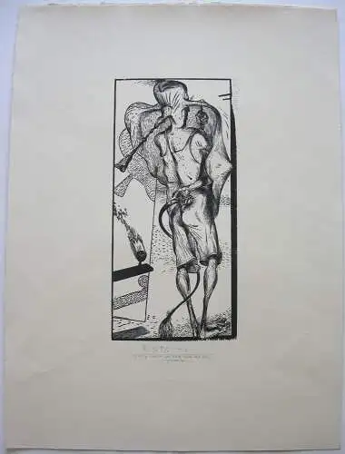 Karl Georg Hirsch (1938). Figur mit Peitsche Orig Holzschnitt 1995 signiert