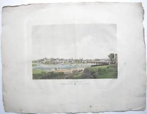 Vista general Badajoz Estremadura kolor. Aguafuerte Dequevauviller Laborde 1806