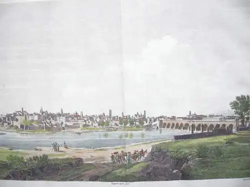 Vista general Badajoz Estremadura kolor. Aguafuerte Dequevauviller Laborde 1806