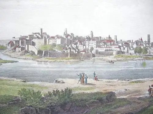 Vista general Badajoz Estremadura kolor. Aguafuerte Dequevauviller Laborde 1806