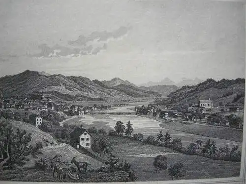 Bad Tölz Oberbayern Gesamtansicht aus der Ferne Isar Stahlstich Emminger 1850