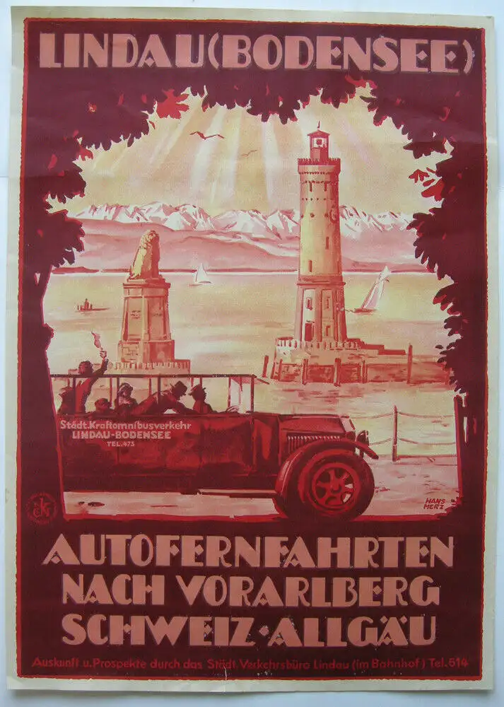 Werbeplakat Lindau Bodensee Autofernfahrten Orig Lithografie Hans Merz 1925 0