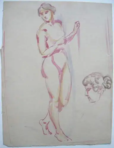 Fritz von Heider (1868-1933) Weiblicher stehender Akt Aquarell Kopfstudie 1900