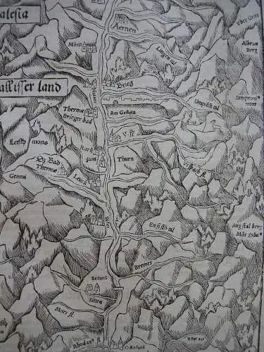 Wallis Valais Schweiz Suisse Orig Xylografie Holzschnitt Sebastian Münster 1580