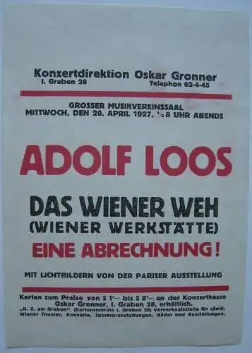 Wiener Werkstätte Adolf Loos Wiener Weh Eine Abrechnung Handzettel 1927