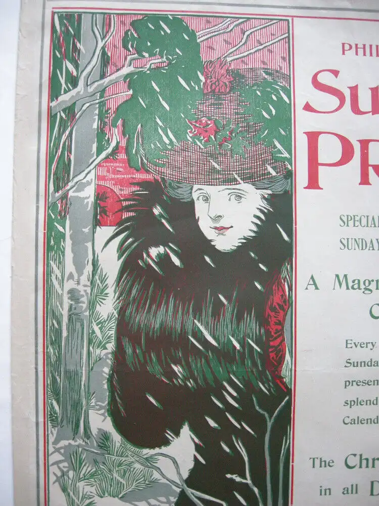 Plakat Poster Philadelphia Sunday Press Lithografie entoilé 1895 art nouveau 1