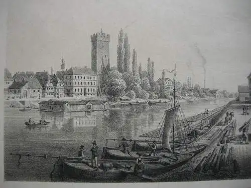 Heilbronn Teilansicht Götzenturm Neckar Hafen Lithografie Emminger 1865