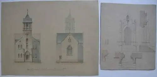 Kirchenarchitektur 15 Architekturzeichnungen G Reichenbach 1880 Aquarell Sachsen