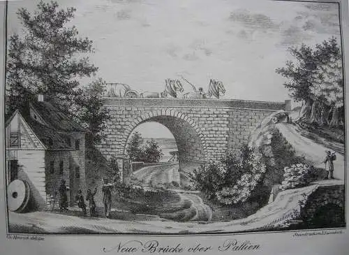 Trier Brücke ober Pallien Lithografie J. Susenbeth nach Hawich 1823 Rheinland