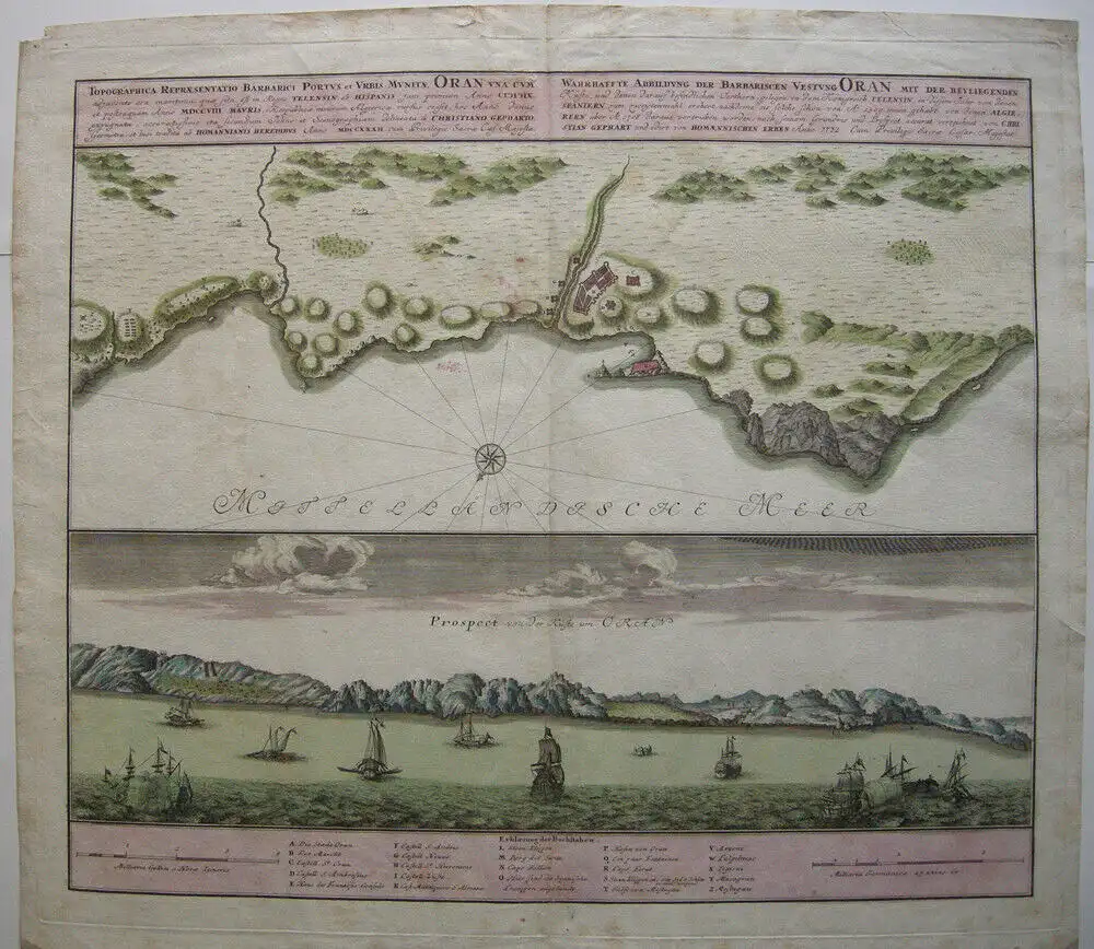 Oran Algerien Algerie Umgebung Afrika altkolor Kupferstichkarte Homann 1732 0